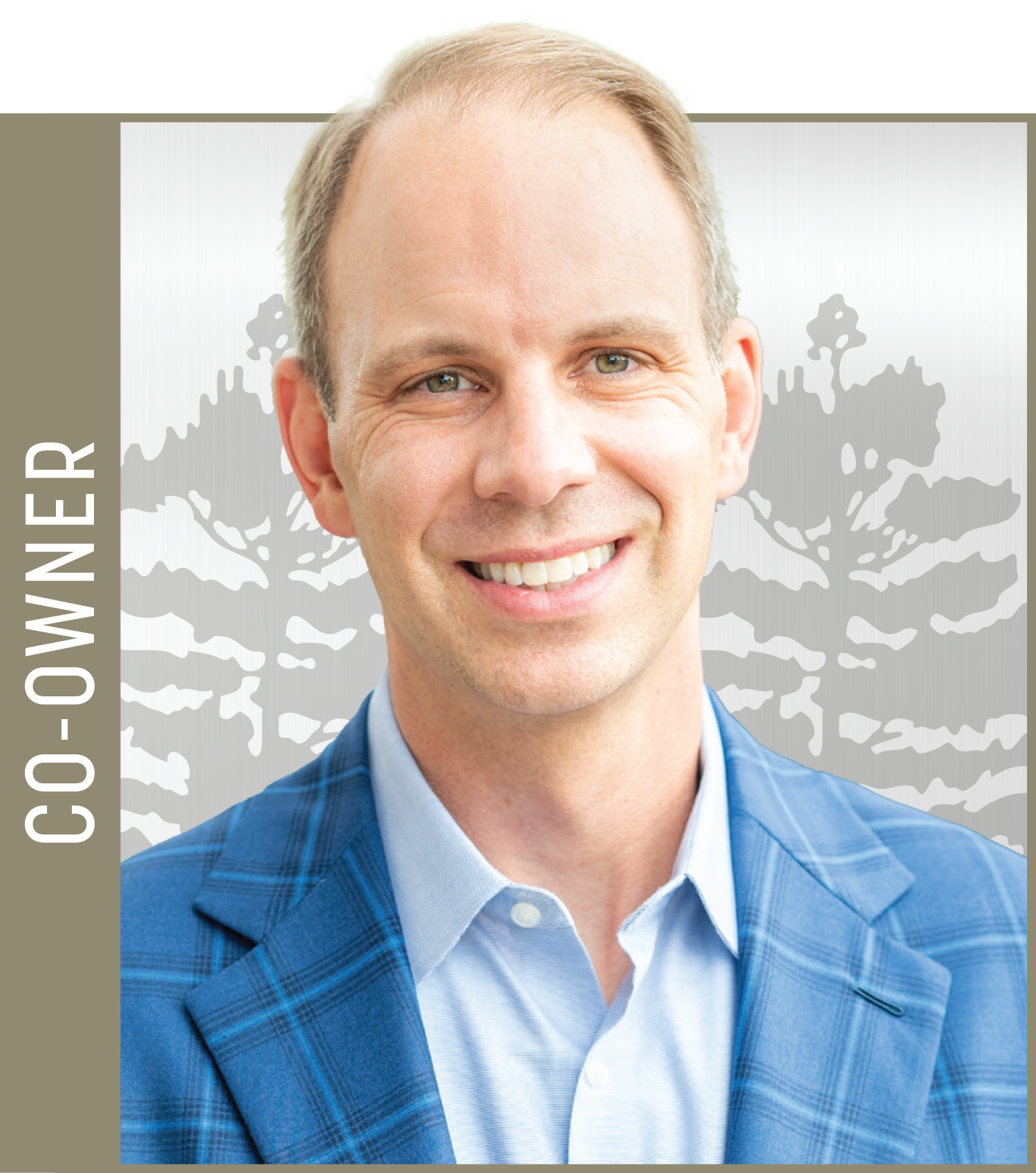 A smiling Steve Orosz in a blue plaid suit jacket and light blue shirt, "Co-Owner" text appears in bar along side of photo.