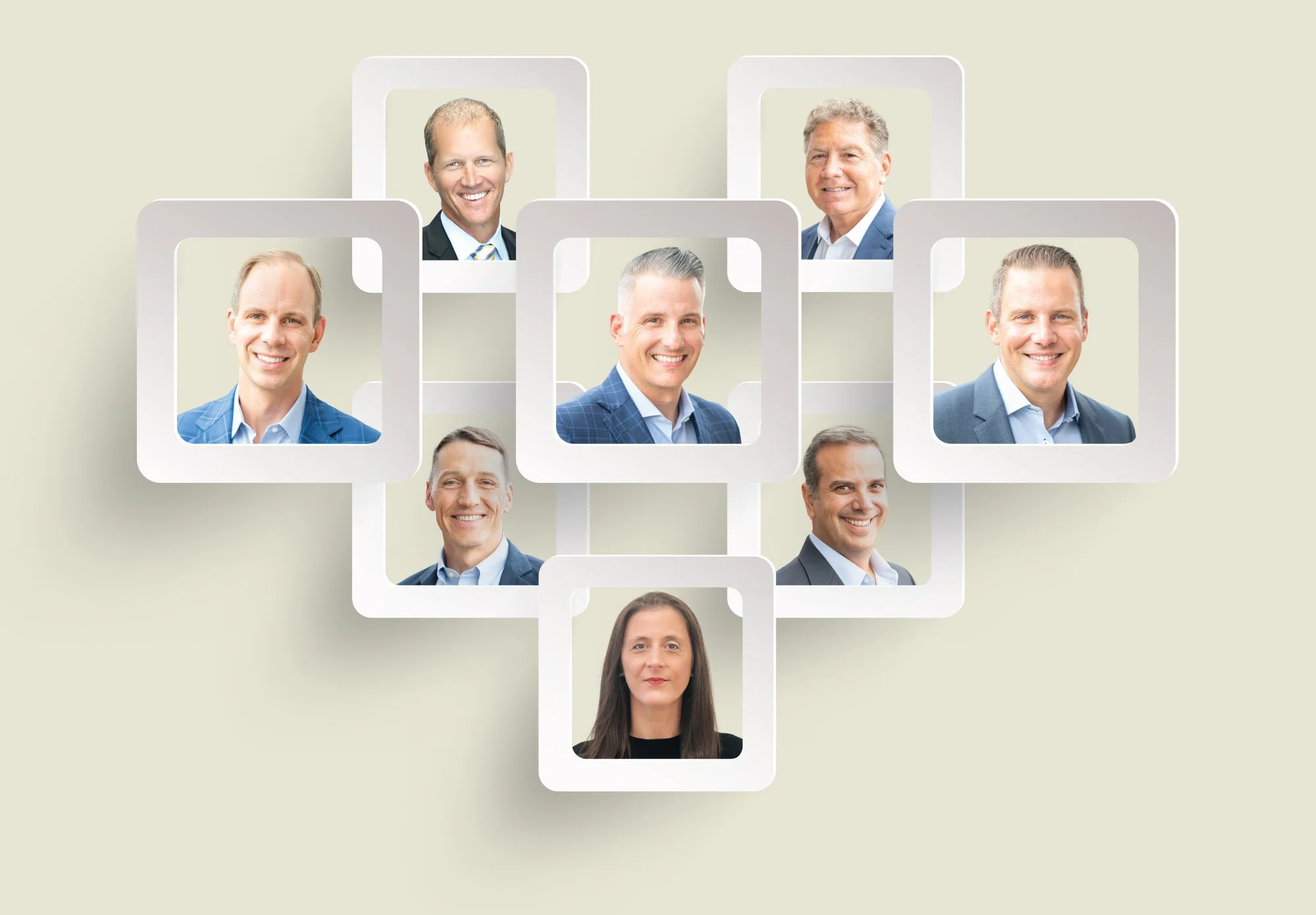 Collage of eight portraits of diverse professionals that make up the Hanover Capital Partners management team, arranged in a grid with white borders against a light background.