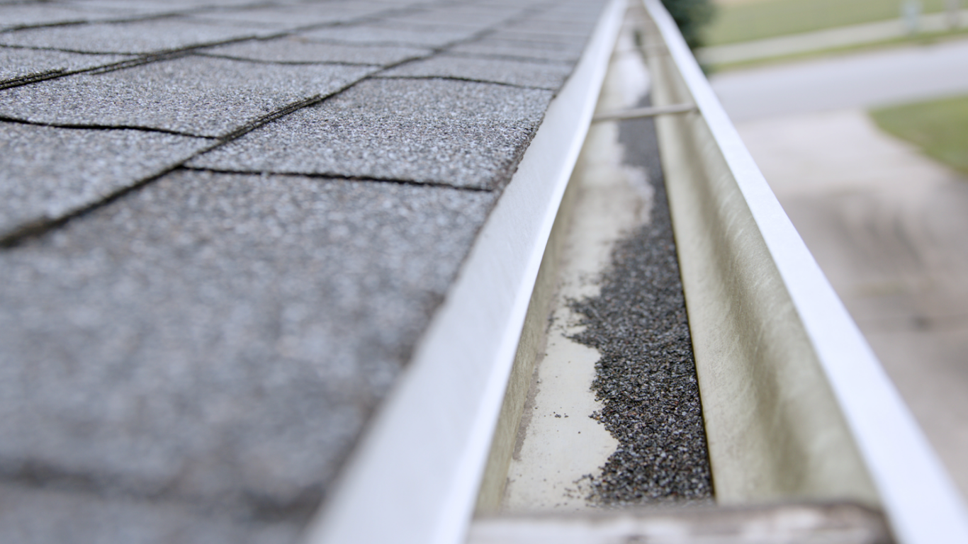 Close-up of a residential roof gutter filled with small debris, with asphalt shingles visible in the background.