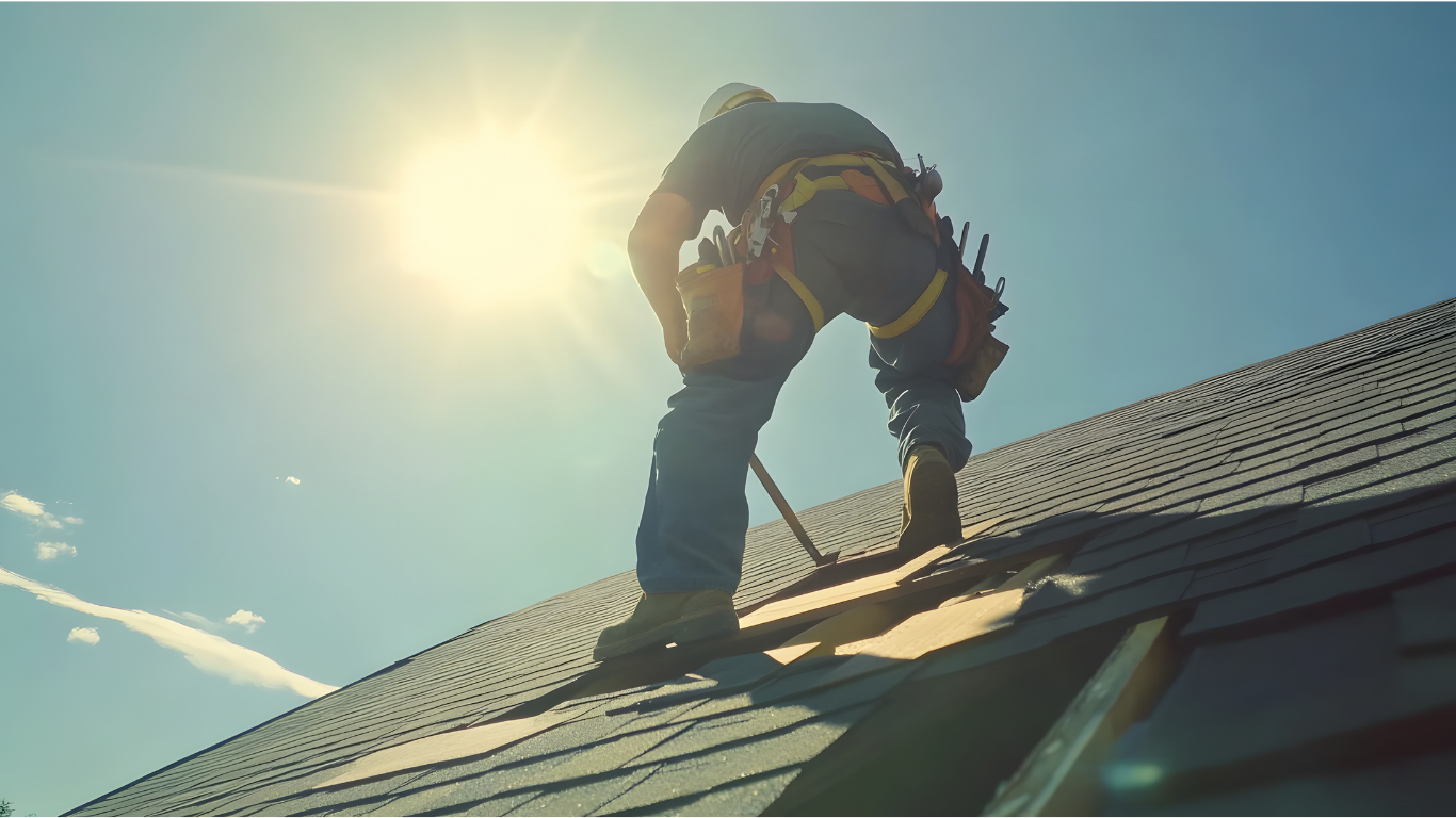 A worker inspecting or repairing a roof in bright sunlight, wearing a safety harness and tools.