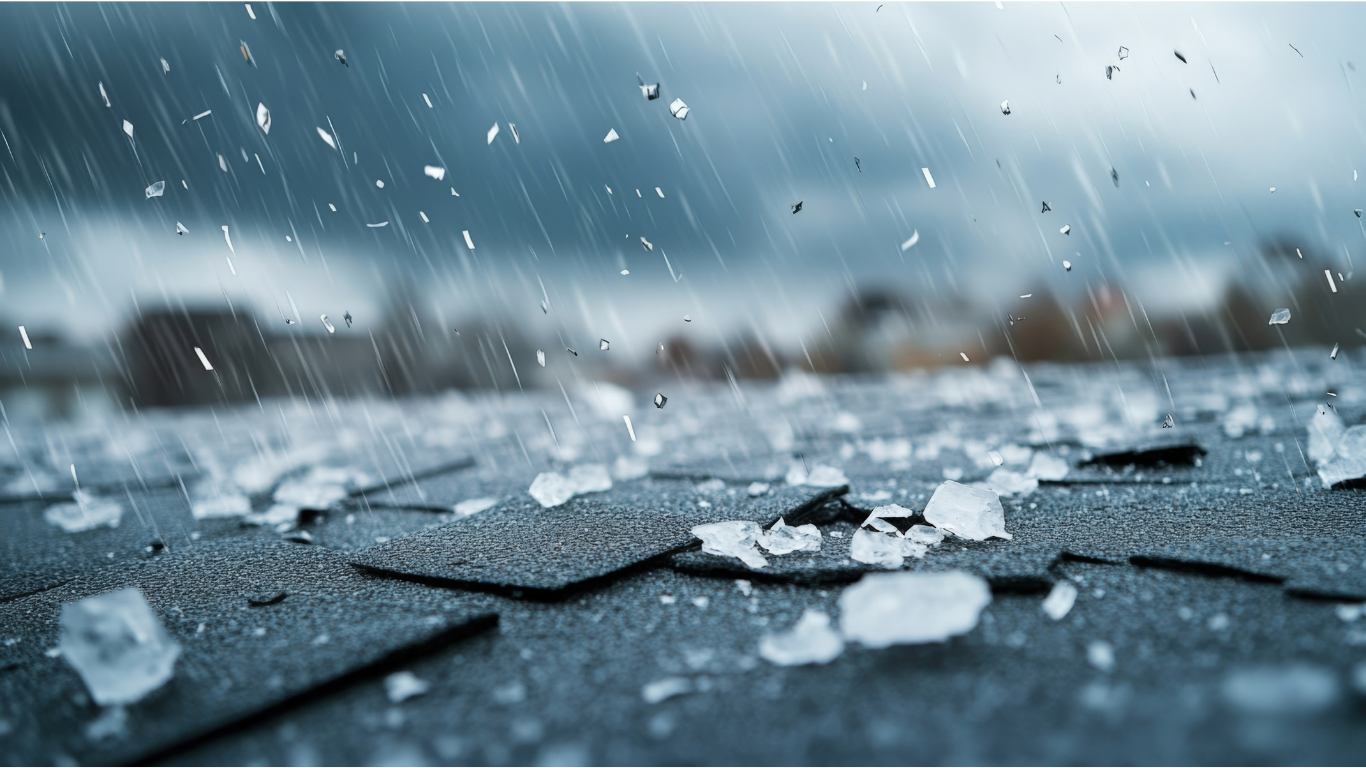 Close-up of hailstones and rain falling on a roof during a storm.