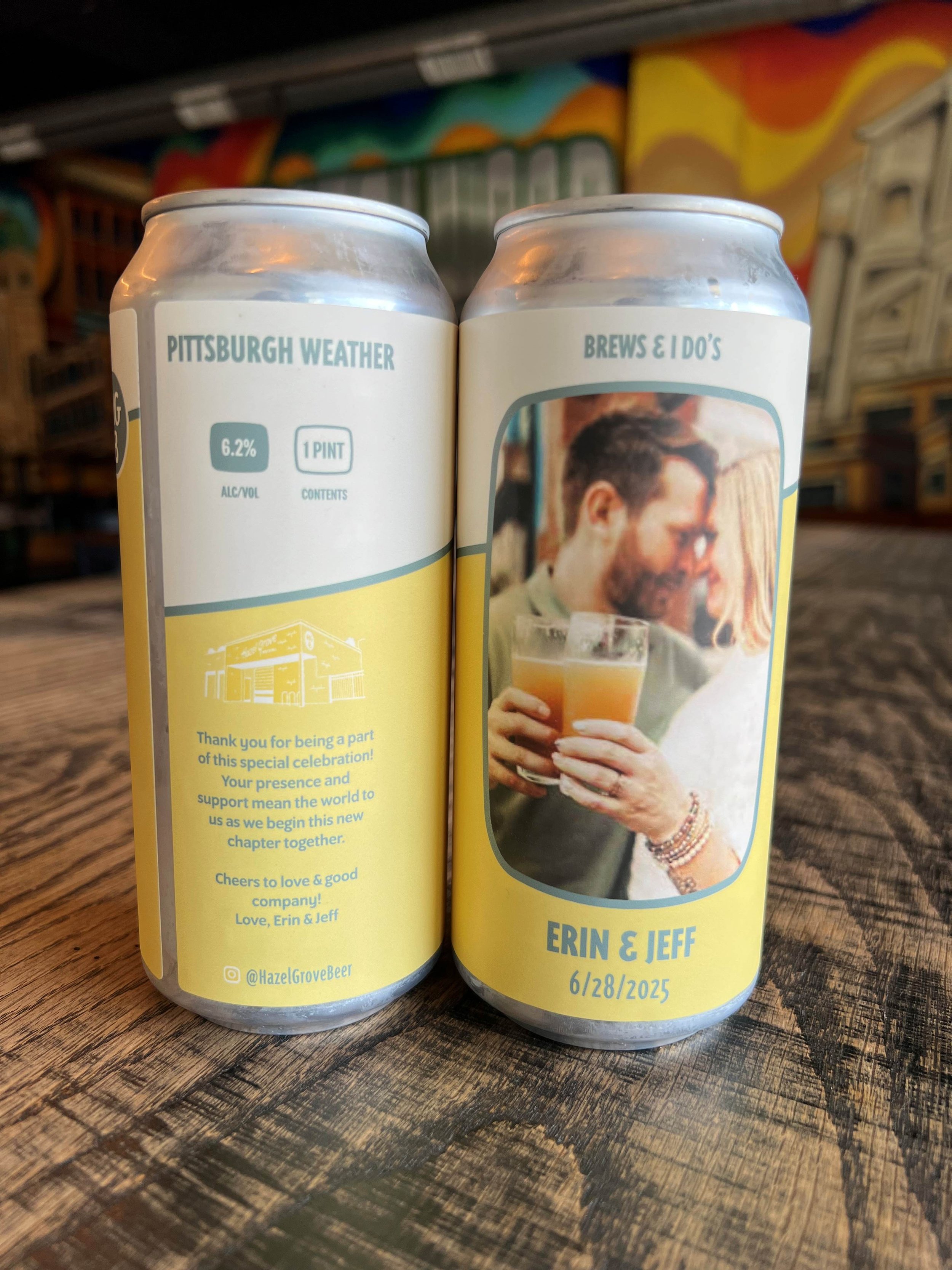 Two Hazel Grove Brewing craft beer cans with custom labels celebrating Erin and Jeff's engagement party.
