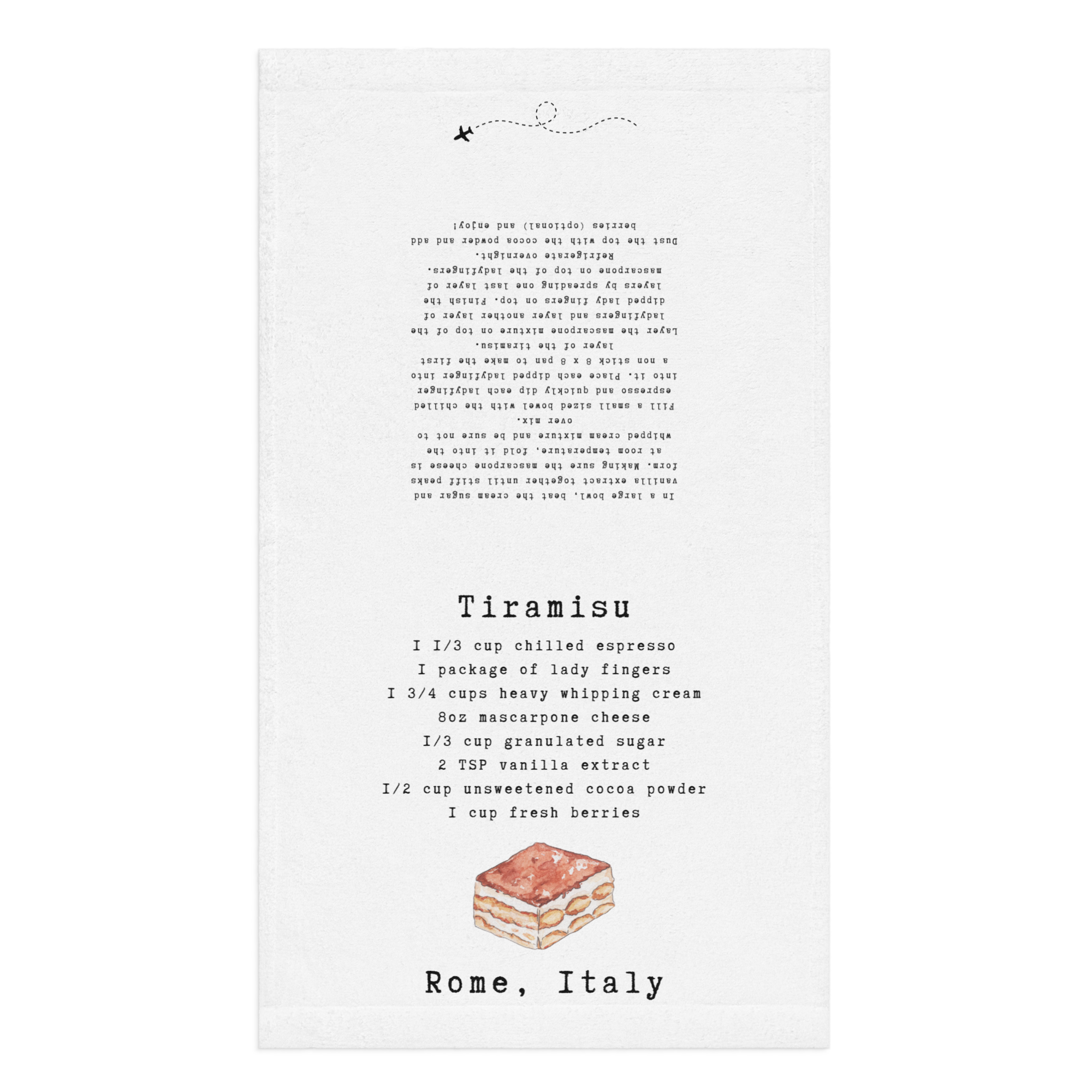 A recipe card for tiramisu with a small illustration of a layered dessert and a plane flying with a dotted flight path at the top.