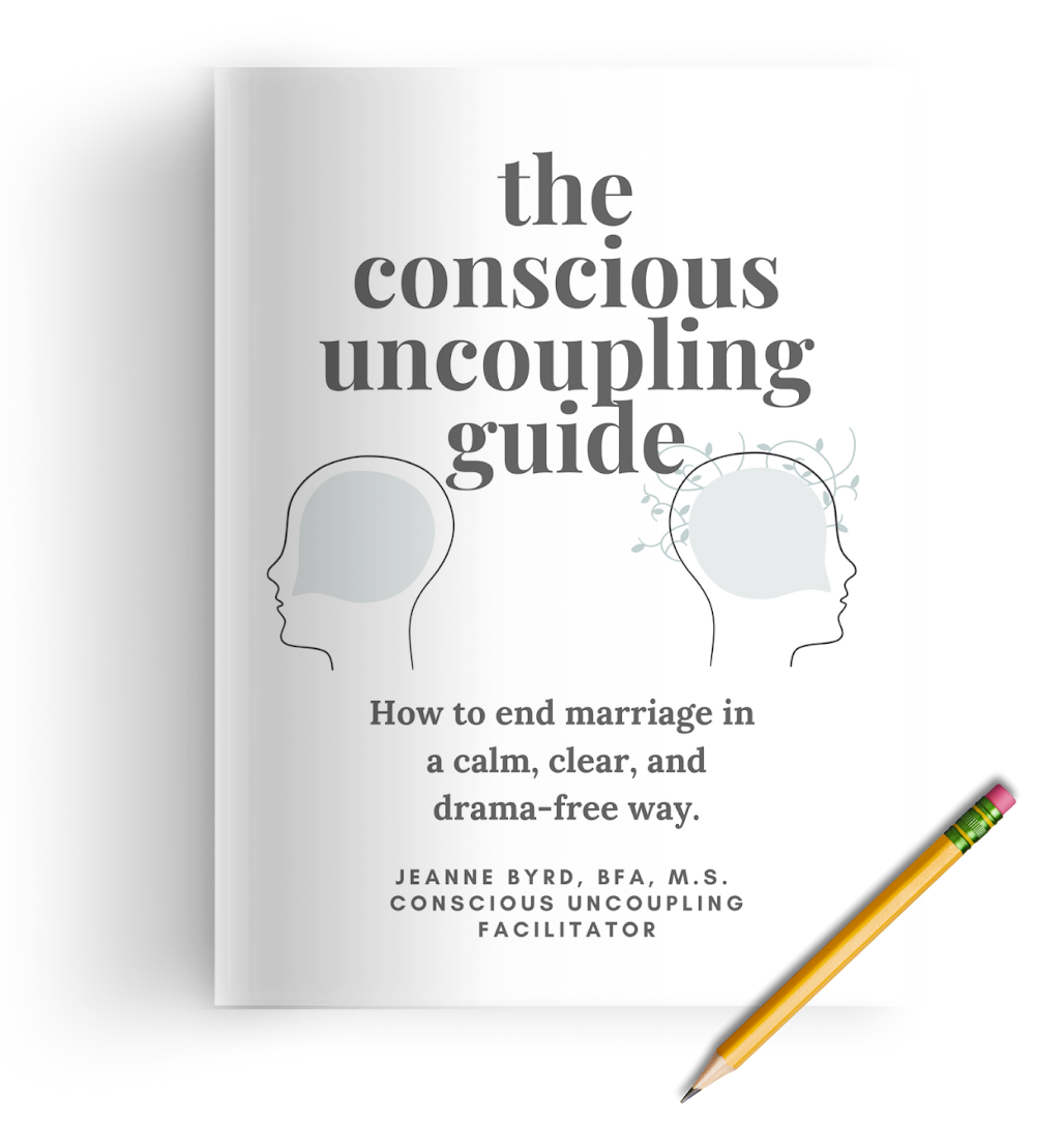Book titled 'The Conscious Uncoupling Guide' with subtitle 'How to end marriage in a calm, clear, and drama-free way,' authored by Jeanne Byrd, BFA, M.S., described as a conscious uncoupling facilitator, with a pencil lying diagonally at the bottom right corner.