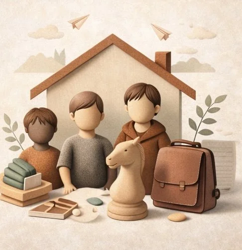 Three children with school supplies, a paper bag, and a chess knight figure, in front of a house with paper airplanes flying above.