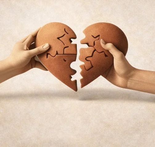 Two hands holding two halves of a heart-shaped puzzle with face designs, fitting the pieces together.