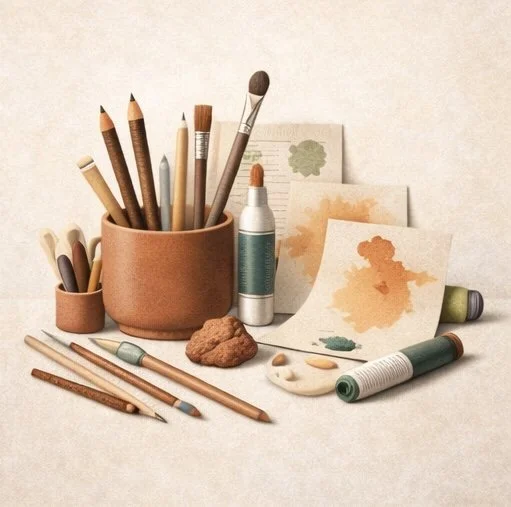 Art supplies including paintbrushes, colored pencils, watercolor paints, and paper with watercolor paintings.
