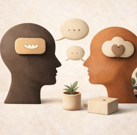 Silhouettes of two human heads facing each other with speech bubbles and a plant between them.