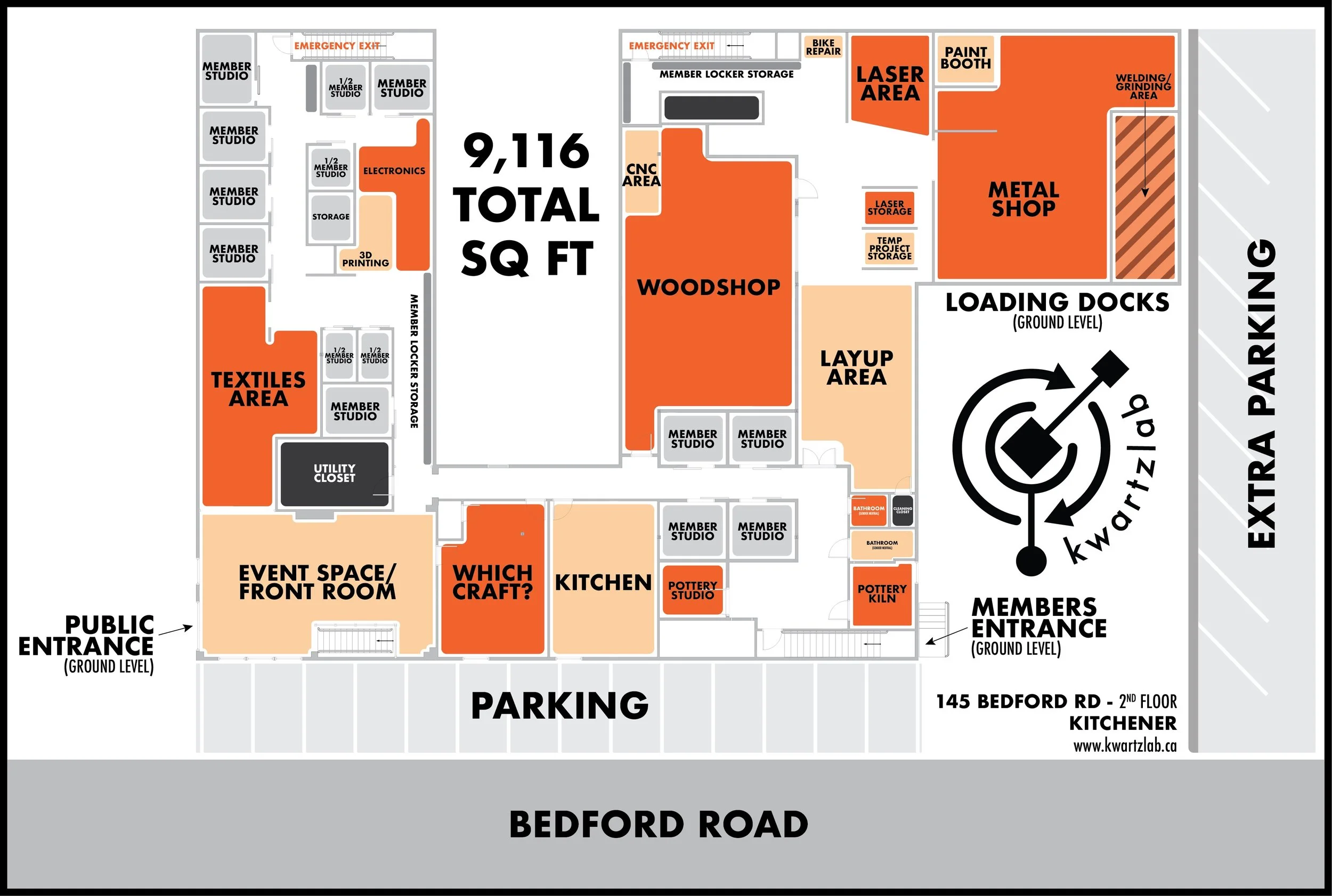 Kwartzlab Floorplan - 9,116 sq ft of space, all the different areas of Kwartzlab are labelled
