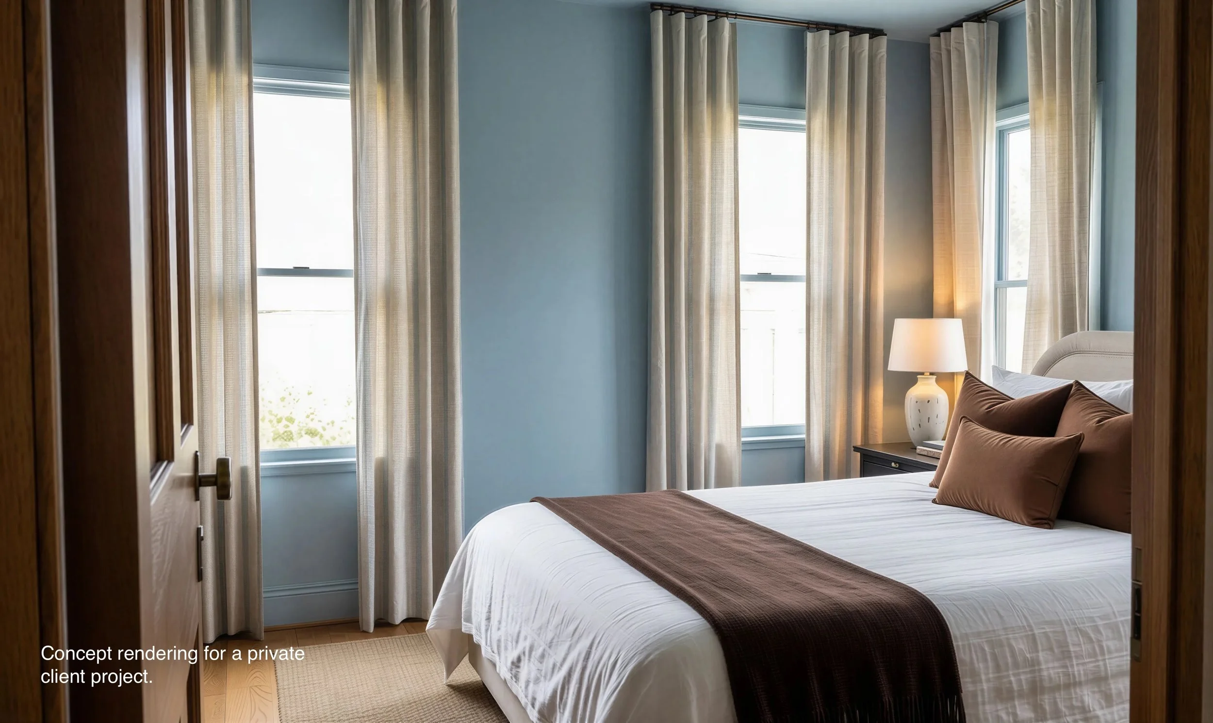 View of a cozy bedroom with large windows, light blue walls, white bedding, brown pillows, curtains, a bedside lamp, and a black nightstand.