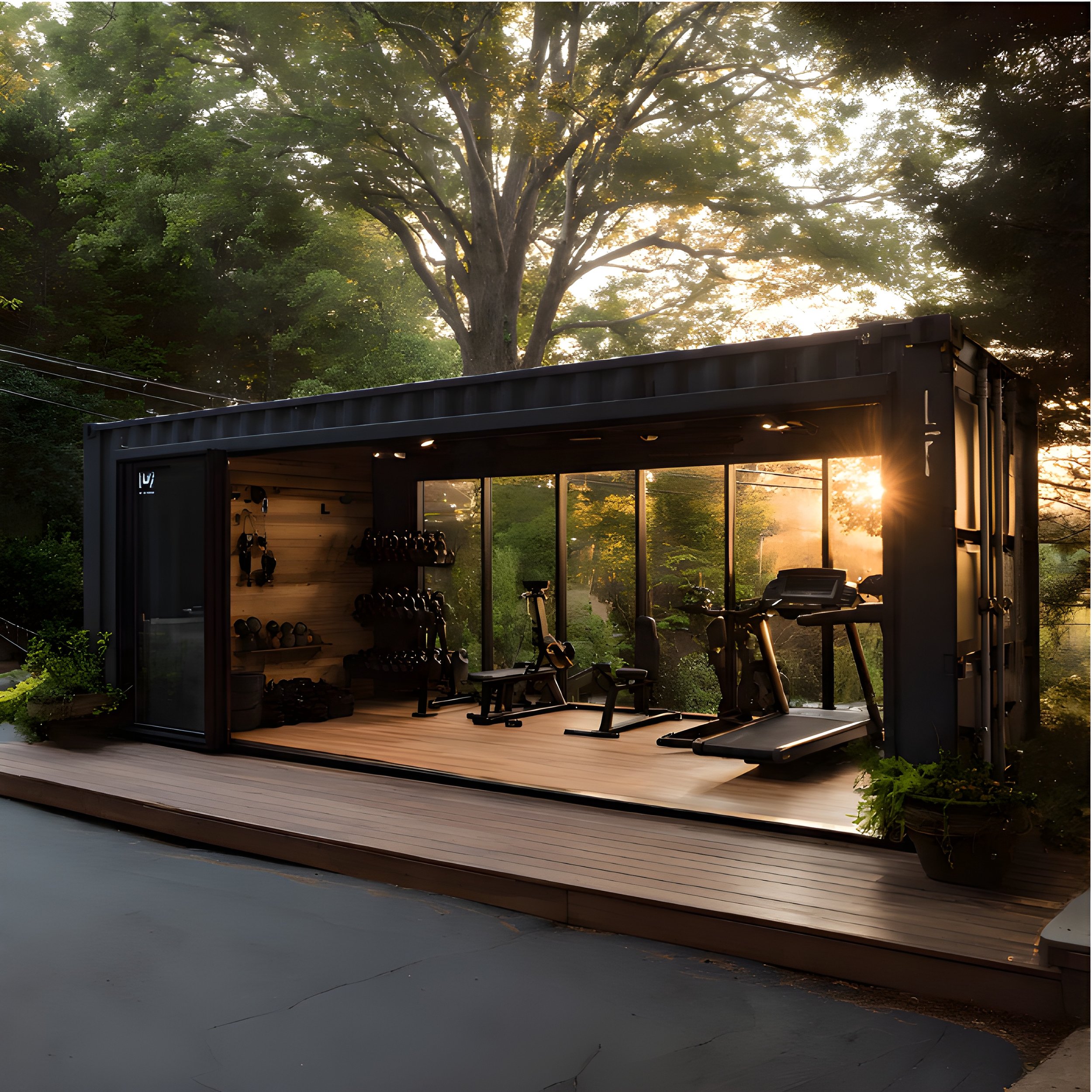 Shipping container gym interior designed as a private, immersive training environment