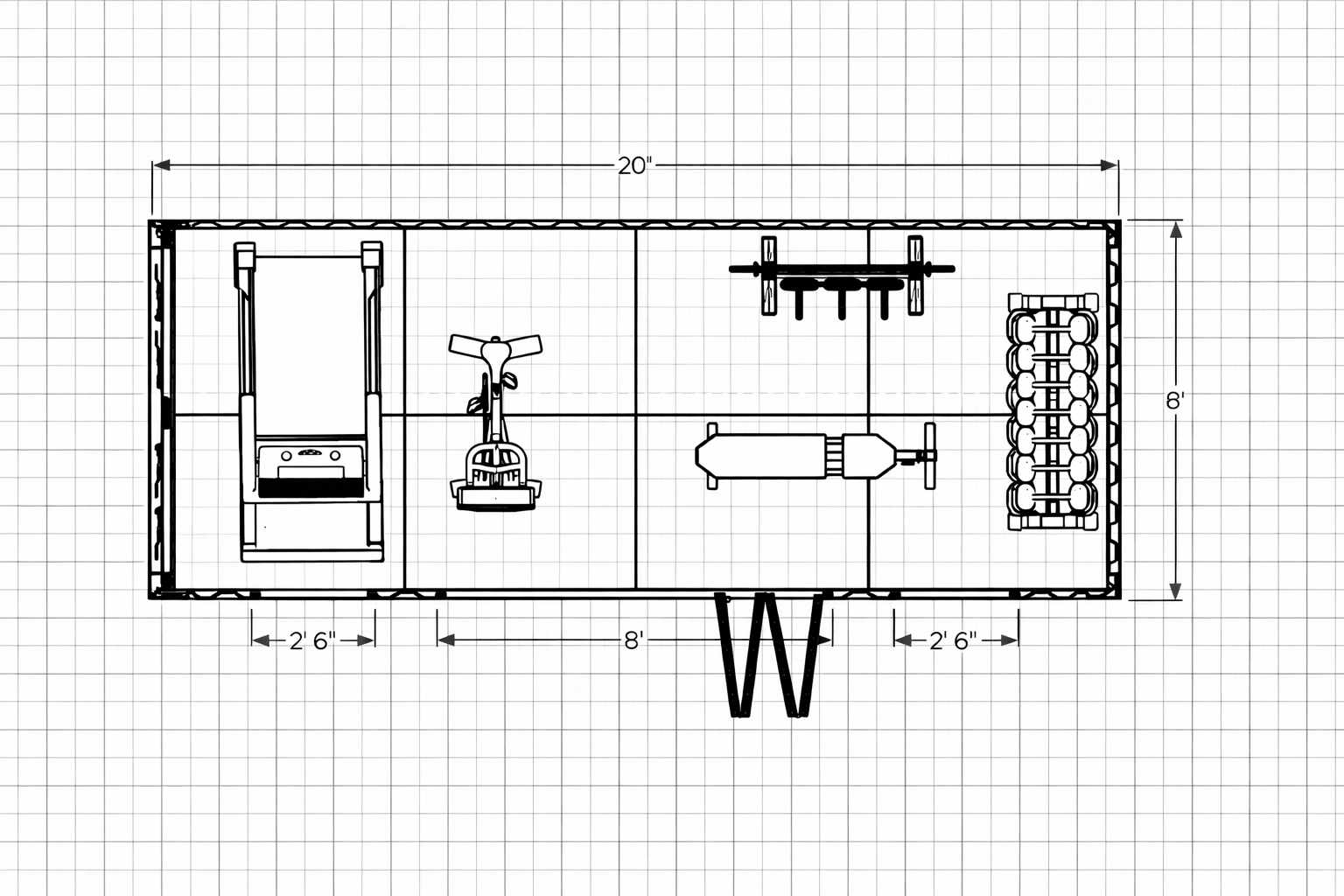 Floor plan of a 20-foot shipping container gym showing equipment layout and dimensions