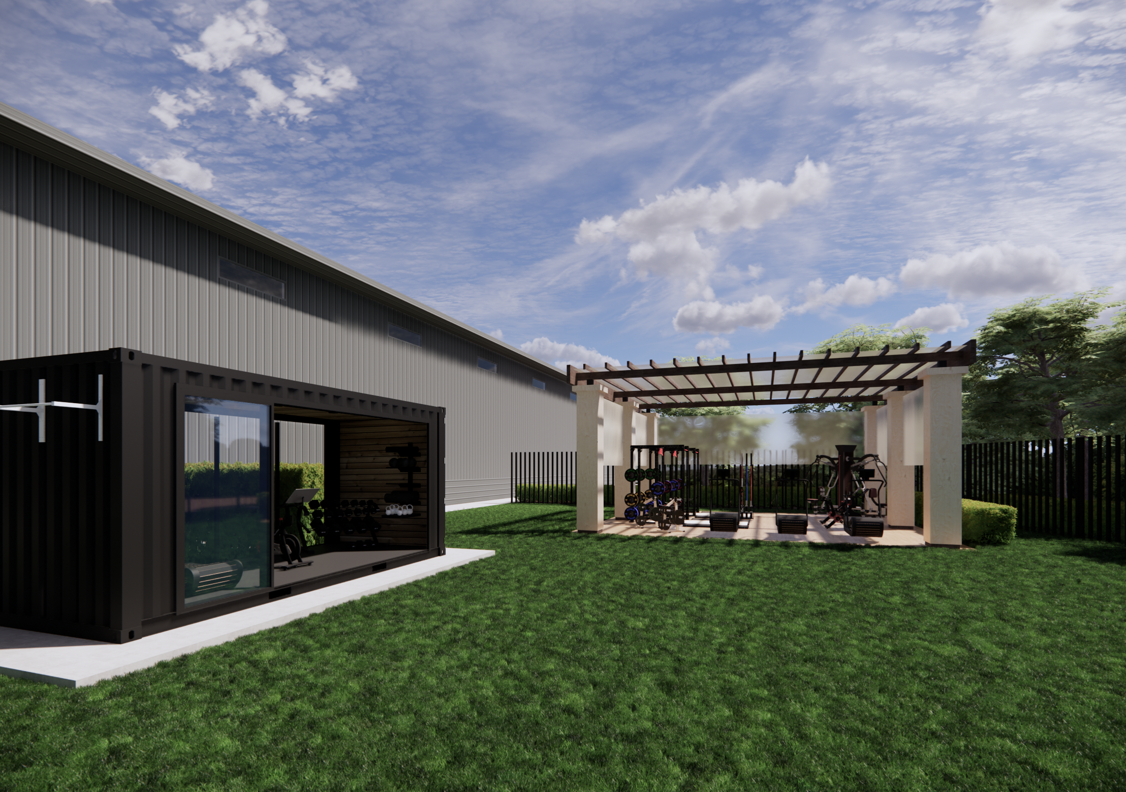 Outdoor fitness area with gym equipment under a pergola, adjacent to a modern storage shed, on a grassy lawn with trees and a partly cloudy sky.