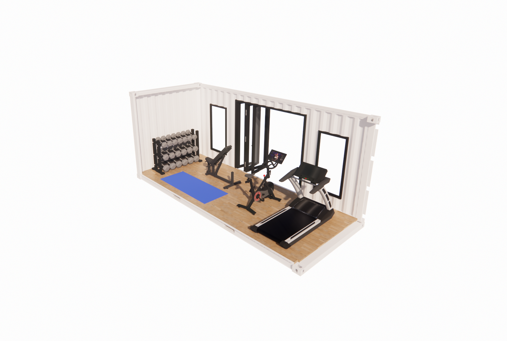 3D visualization of a compact shipping container home gym designed for strength and cardio training