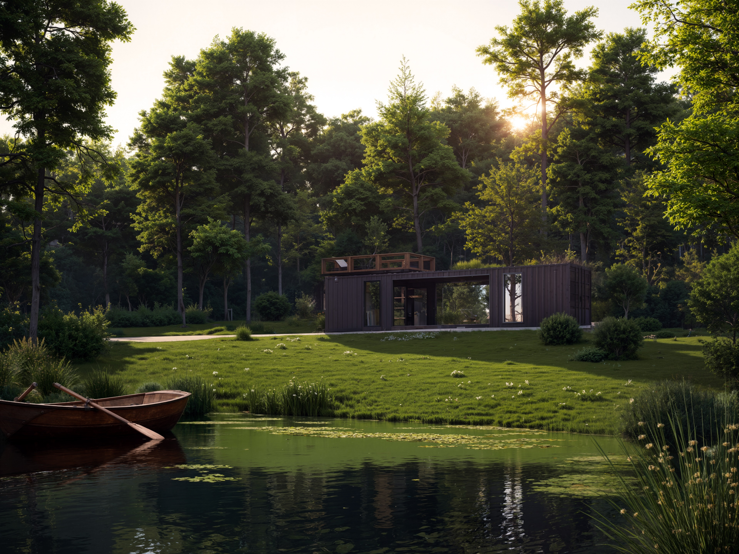 A modern house made from shipping containers sits on a grassy lawn by a pond, with a rowboat floating on the water and trees in the background, illuminated by the setting sun.