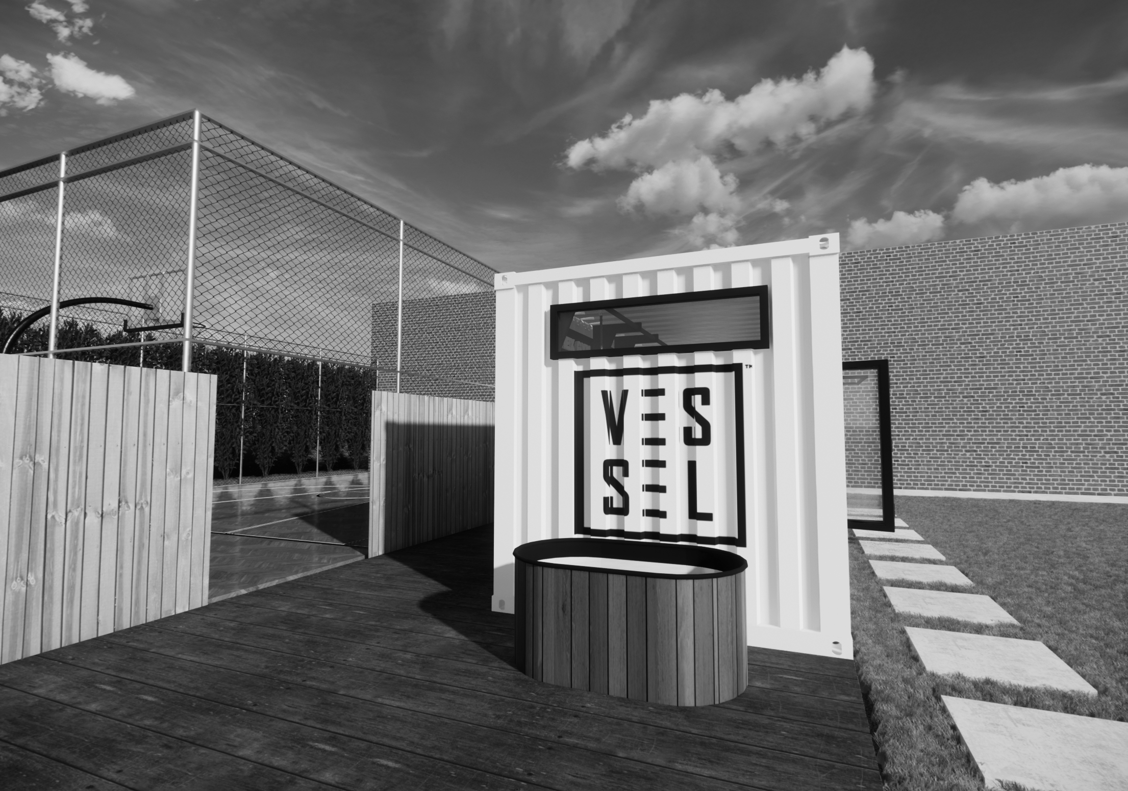 Completed shipping container fitness space ready for client walkthrough