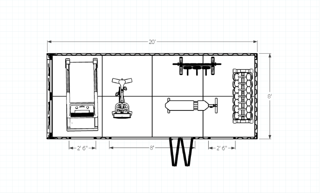 Floor plan of a 20-foot by 8-foot home gym with exercise equipment, including a treadmill, stationary bike, weight rack, and dumbbells.