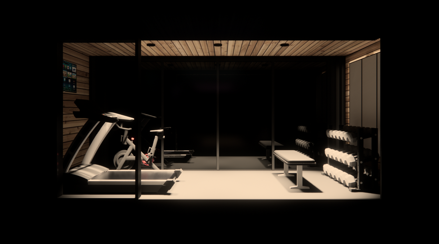 Home gym with treadmills, stationary bikes, dumbbell rack, and weight bench, inside a room with wooden ceiling and wall paneling.