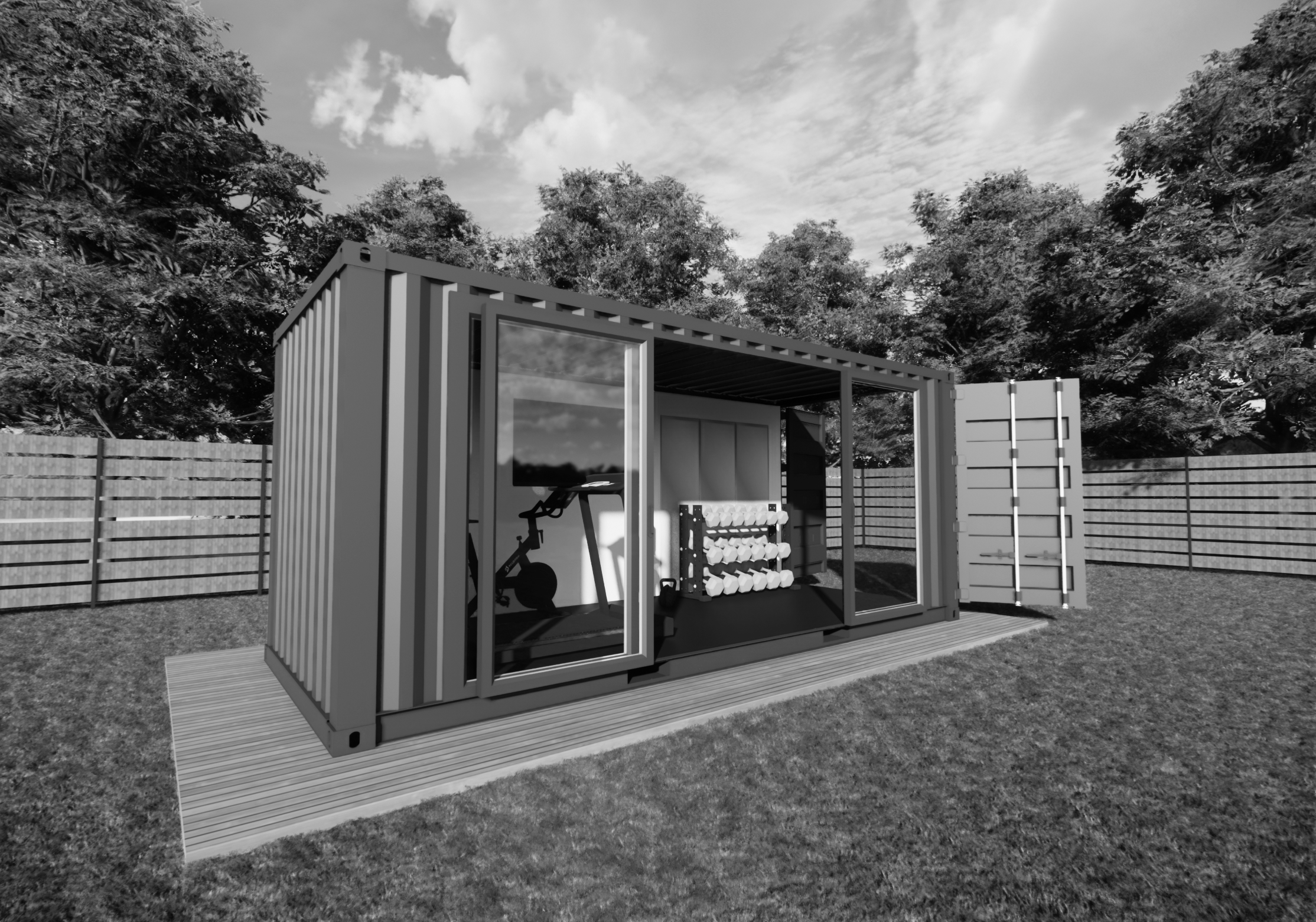 Shipping container gym designed as a dedicated space for focused training and wellness