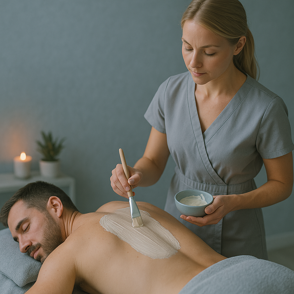 A woman applying a massage or body treatment with a brush on a man's back in a spa or wellness setting, with candles and a small plant in the background.