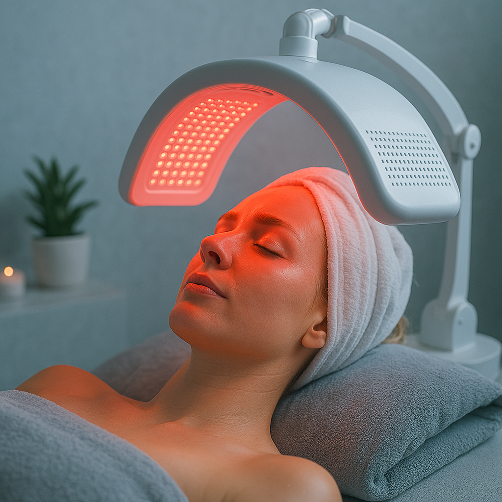 Woman receives LED light therapy treatment in a spa or dermatologist clinic with a red LED mask over her face.