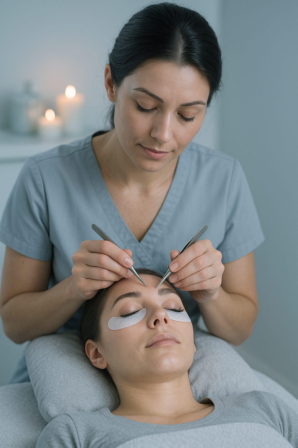Beauty professional performing a skincare treatment on a woman with eye patches in a calm spa setting.
