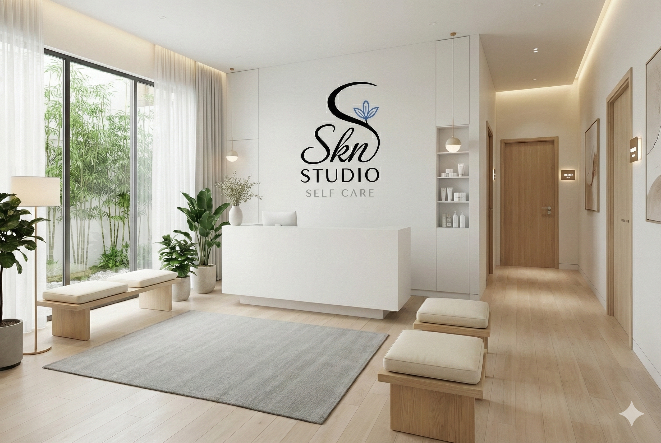 Minimalist interior of a skin care studio with a reception desk, potted plants, framed art, and natural lighting.