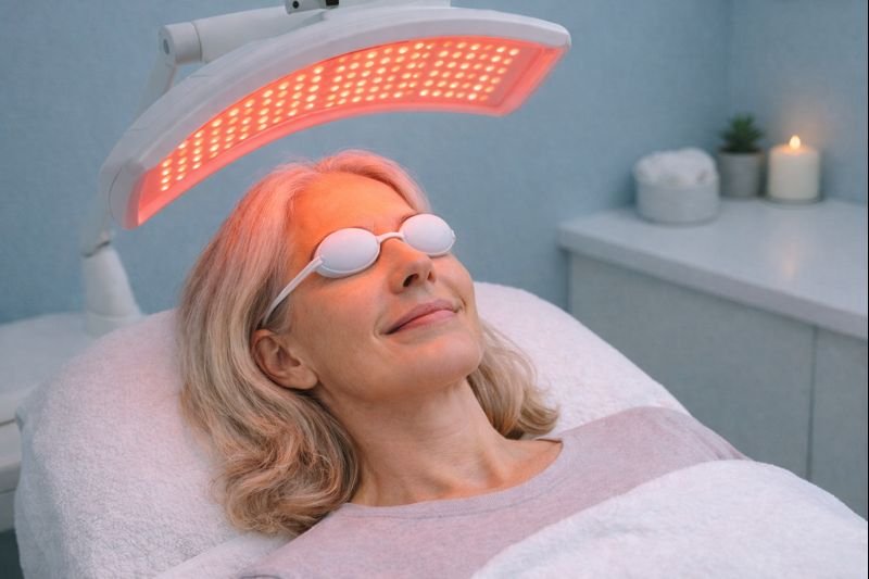 An older woman with gray hair relaxing at a spa or clinic under an infrared therapy device with red light, wearing eye protection, and surrounded by a calming environment with candles and plants.