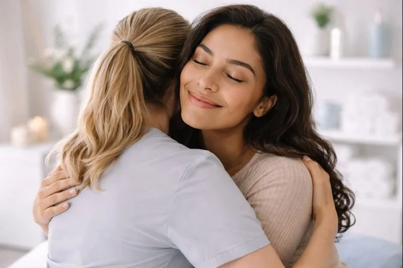 Two women hugging indoors, one with light hair and the other with dark hair, smiling with eyes closed.