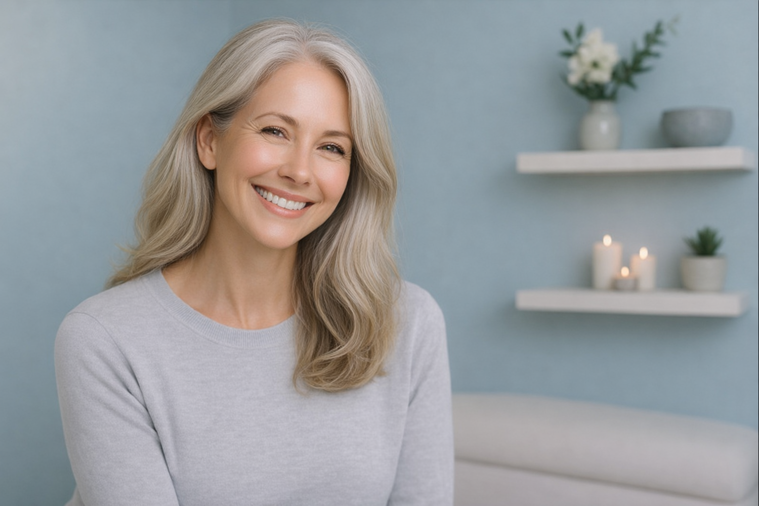 A middle-aged woman with silver hair smiling in a cozy, minimalistic room with a blue wall, white shelves, candles, and potted plants.