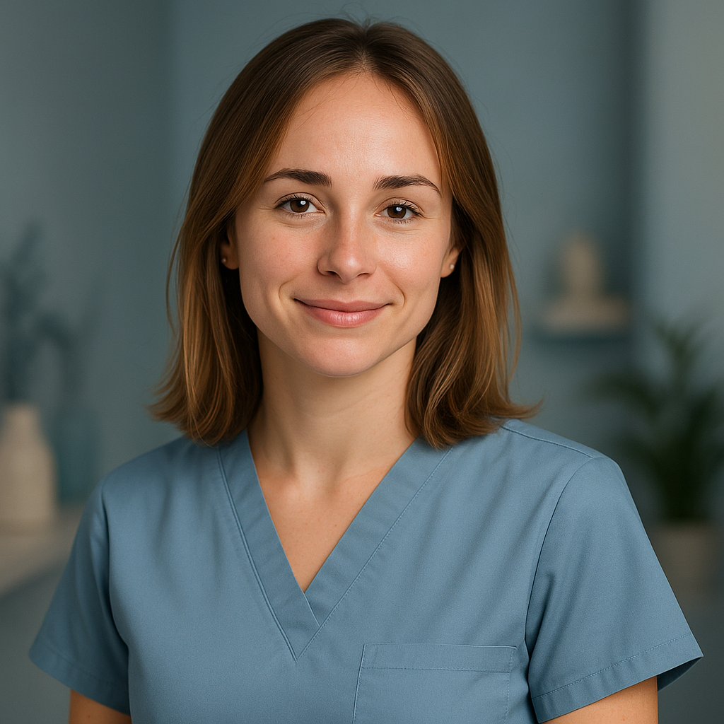 A young woman with shoulder-length brown hair wearing light blue medical scrubs, smiling in a clinical setting.