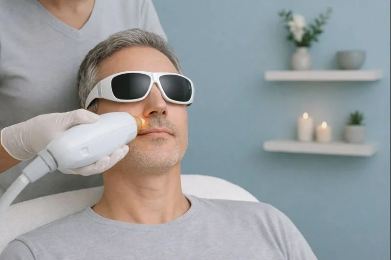 A man receiving laser skin treatment while wearing protective goggles in a spa or clinic setting.