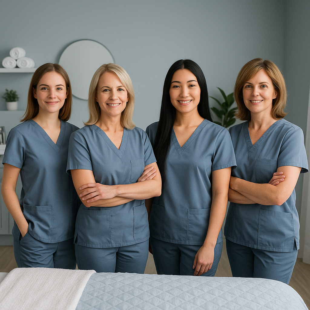 Four women in scrubs standing in a medical or spa setting, smiling and looking at the camera.