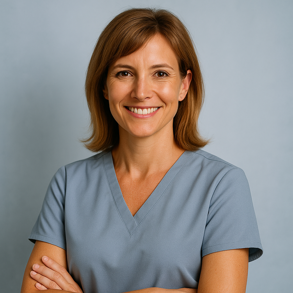 A smiling woman with shoulder-length brown hair wearing light blue scrubs, standing against a plain light blue background.