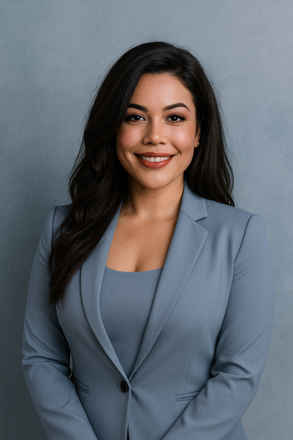 Professional woman with long dark hair smiling, wearing a light blue blazer over a matching top, standing against a neutral gray background.