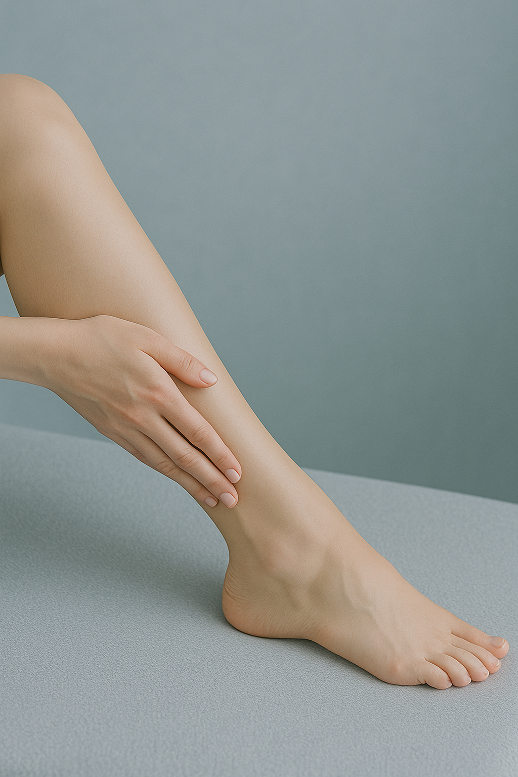A person touching their lower leg with both hands, sitting on a light gray surface with a plain gray background.