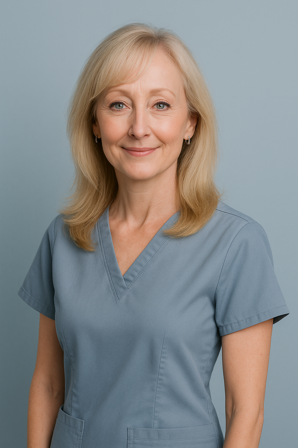 A woman wearing a blue medical scrub top, smiling, with blonde hair, earrings, and a neutral background.