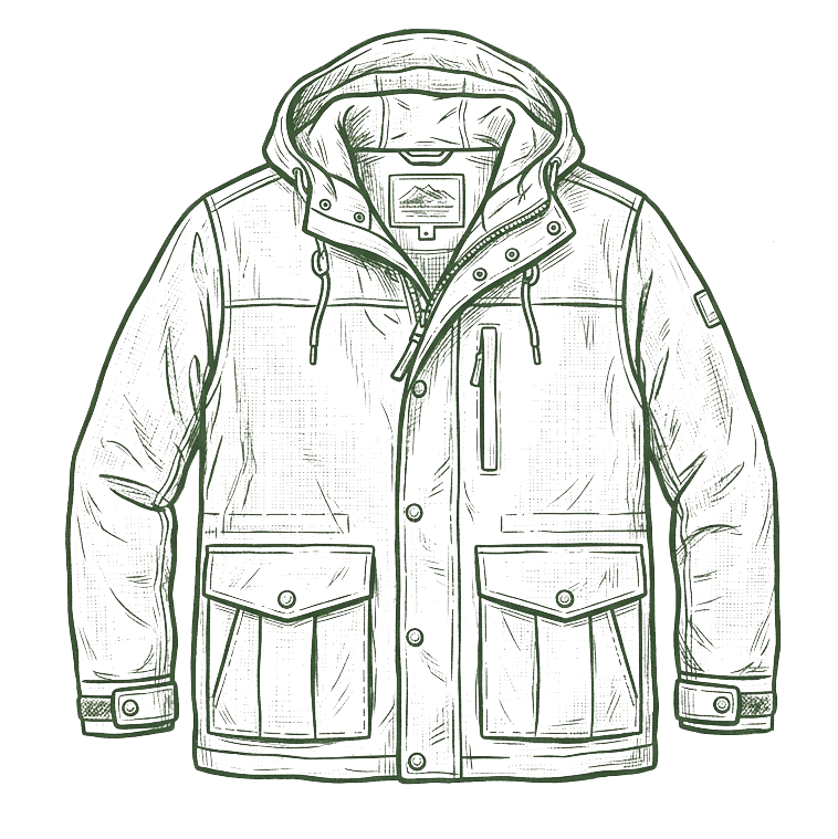 Outline illustration of a hooded winter jacket with multiple pockets and buttons.
