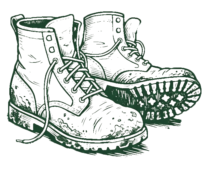 Drawing of a pair of worn work boots with scuffed soles and creased leather