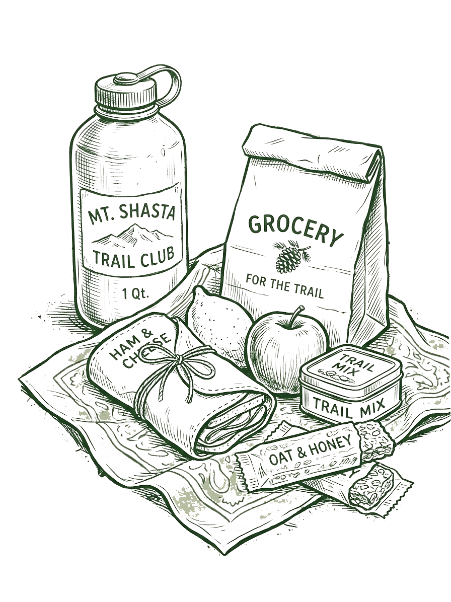 Illustration of trail food items including a water bottle, grocery bag, ham and cheese, an apple, trail mix, oat and honey tube, and a package of crackers on a cloth.