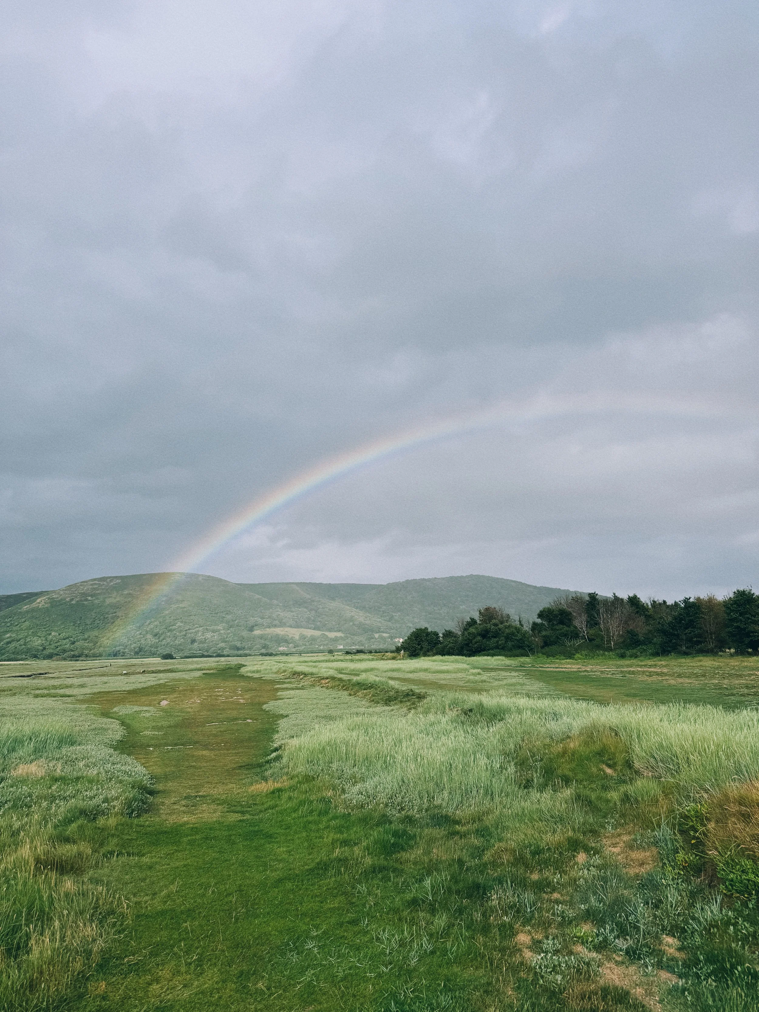 A grassy field with a dirt path leading towards green hills in the distance under cloudy skies, with a rainbow arching across the sky.