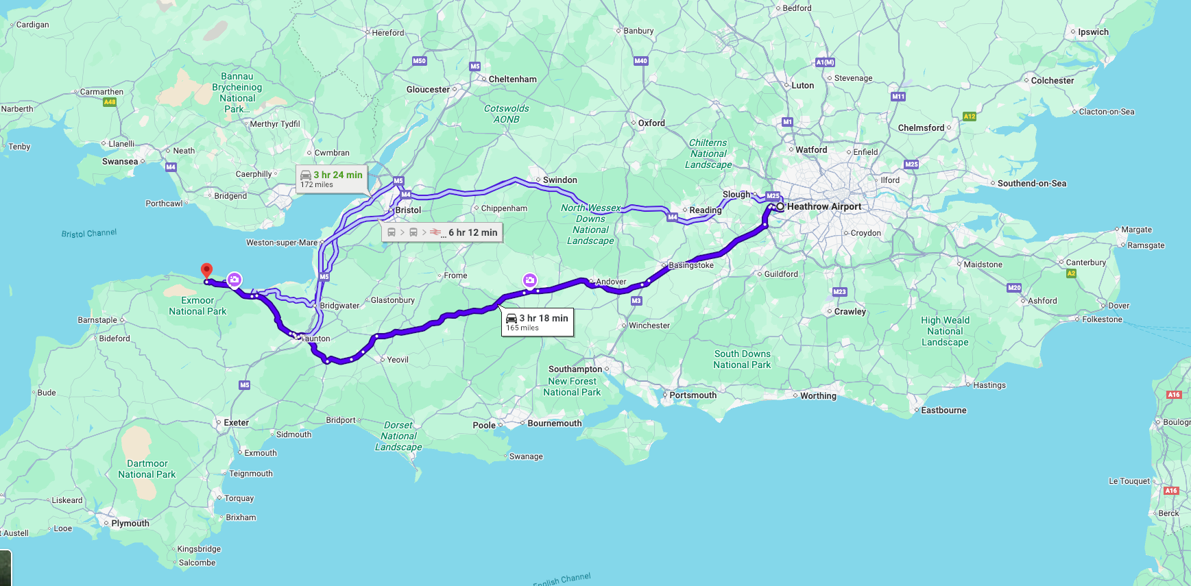 Map showing a driving route from Heathrow Airport in London to Exmoor National Park in southwest England, with travel times of roughly 3 to 6 hours.