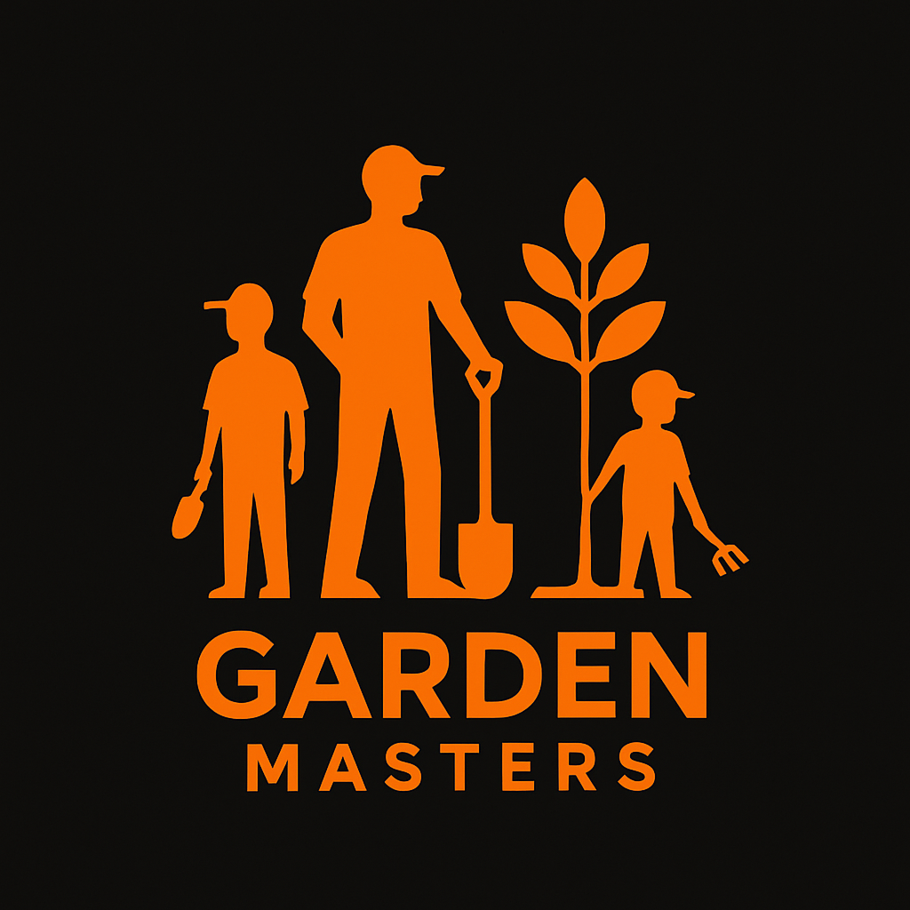 Silhouettes of an adult and two children planting a tree, with the text "Garden Masters" below, in orange on a black background.