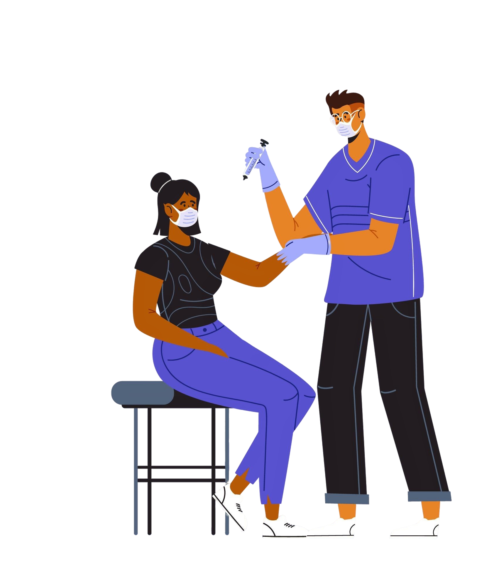 Doctor preparing and administering intramuscular vaccine injection and then disposing of sharps