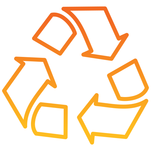 Recycling symbol with six arrows in orange and yellow gradient.
