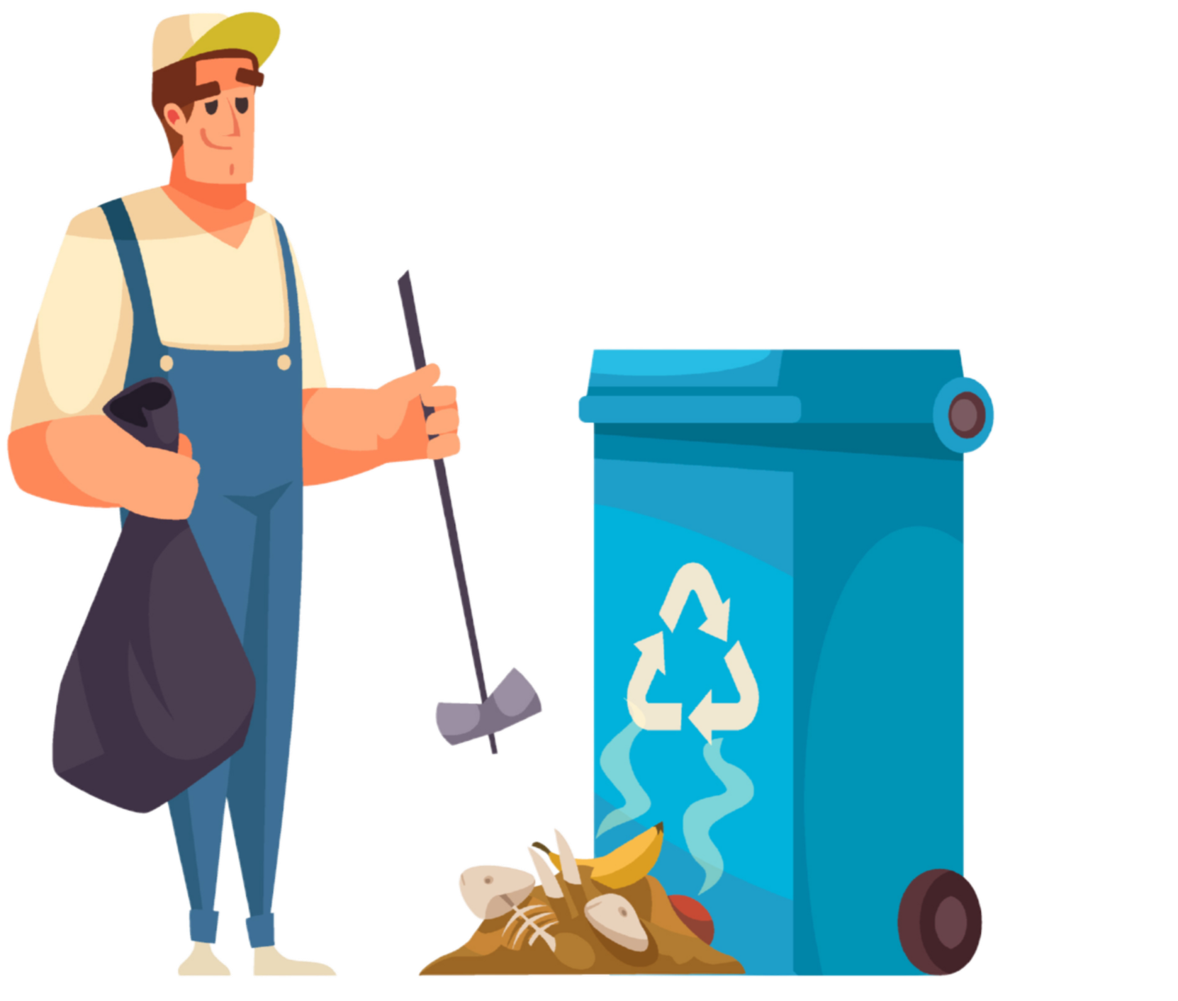 Animated man with a hat holding a trash bag, standing next to a blue recycling bin with food waste on the ground