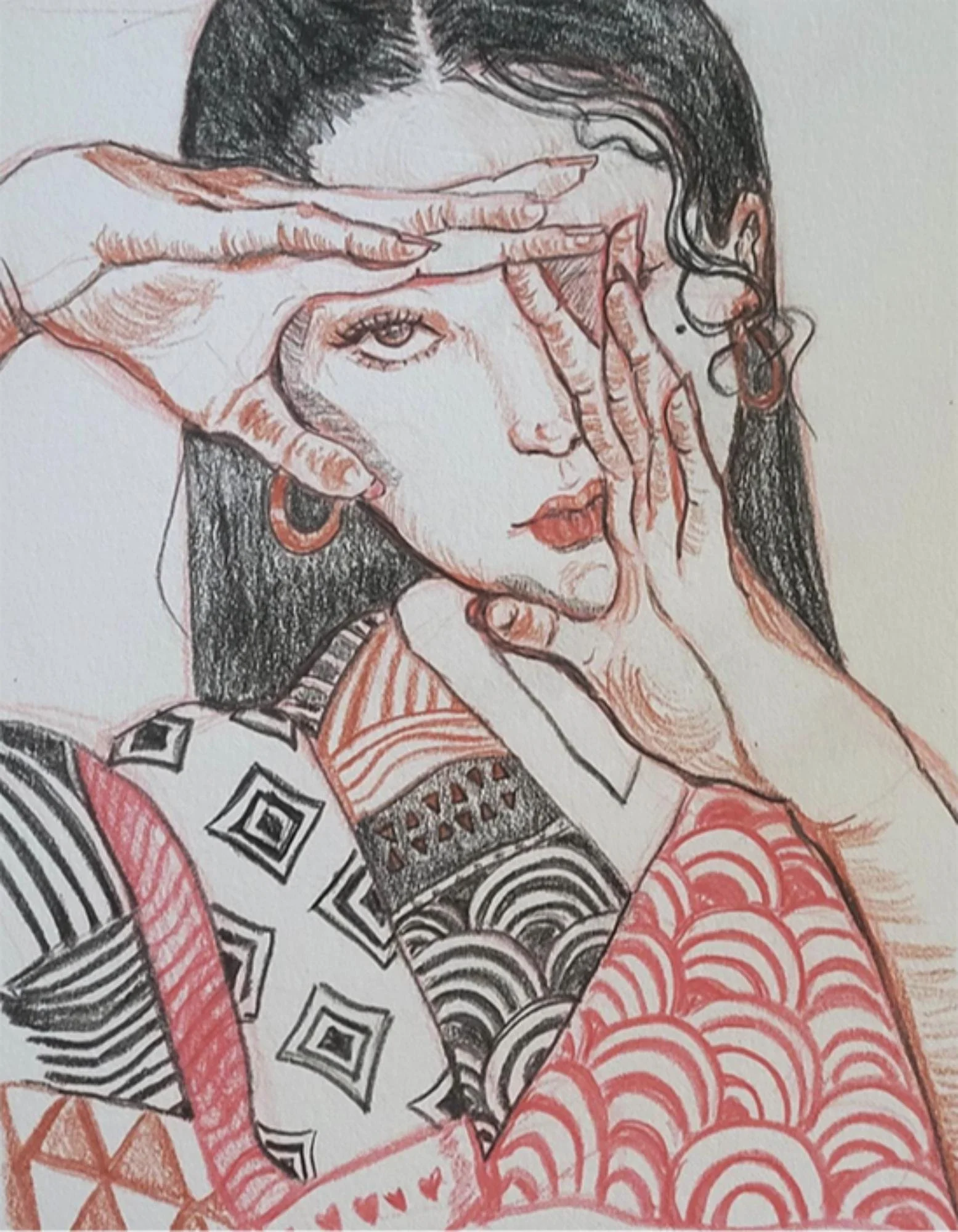 Line drawing of a woman with long dark hair wearing earrings, making a hand gesture near her face. She has red lips and is dressed in a patterned outfit with various geometric designs. Her expression is confident and intense.