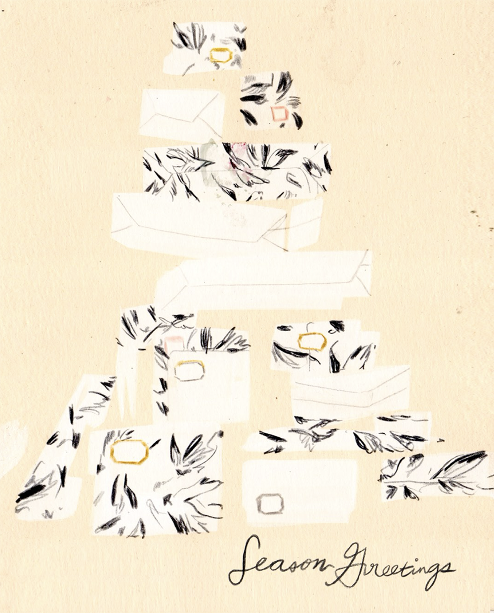 Illustration of stacked wrapped presents with black and white feather pattern and gold buckles, along with the handwritten text "Season's Greetings" at the bottom, on a beige background.