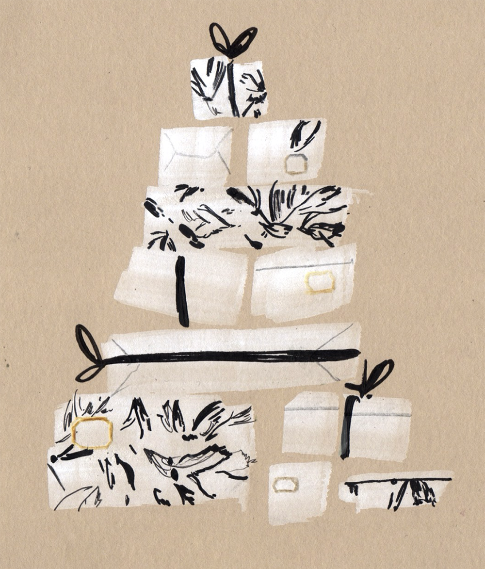 A watercolor illustration of a stylized Christmas tree made of wrapped presents on a beige background for Toteme in-store activation