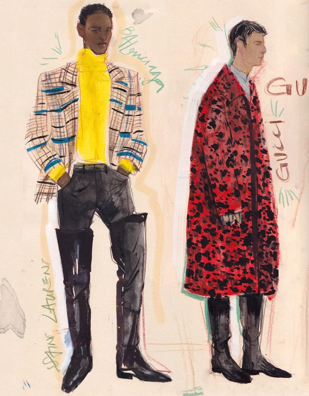 In light of Men&rsquo;s fashion week @parisfashionweek @milanfashionweek Here are some editorial drawings 💓 @prada @balenciaga @ysl @alexandermcqueen @gucci I tried a looser approach and some a bit more finished, still playing around but having fun 